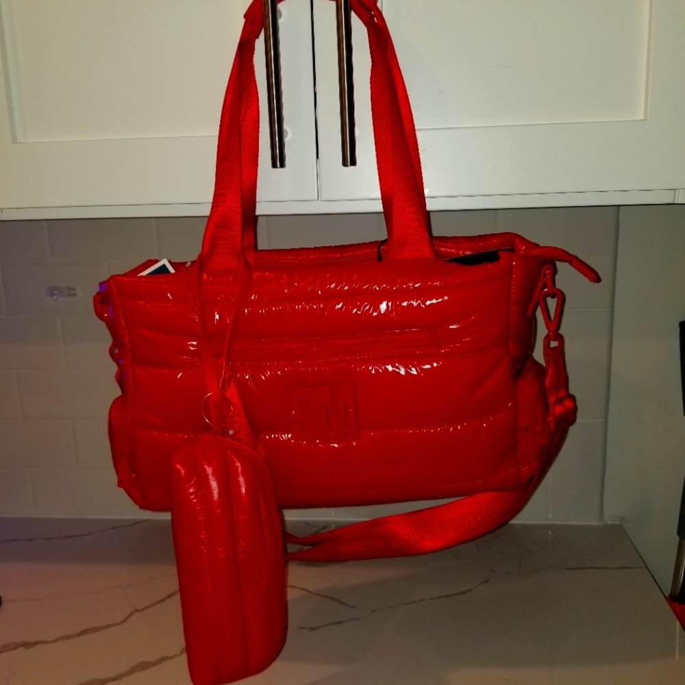 Steve Madden Puffer Red Oversized Bag with Bonus Case and Crossbody Strap